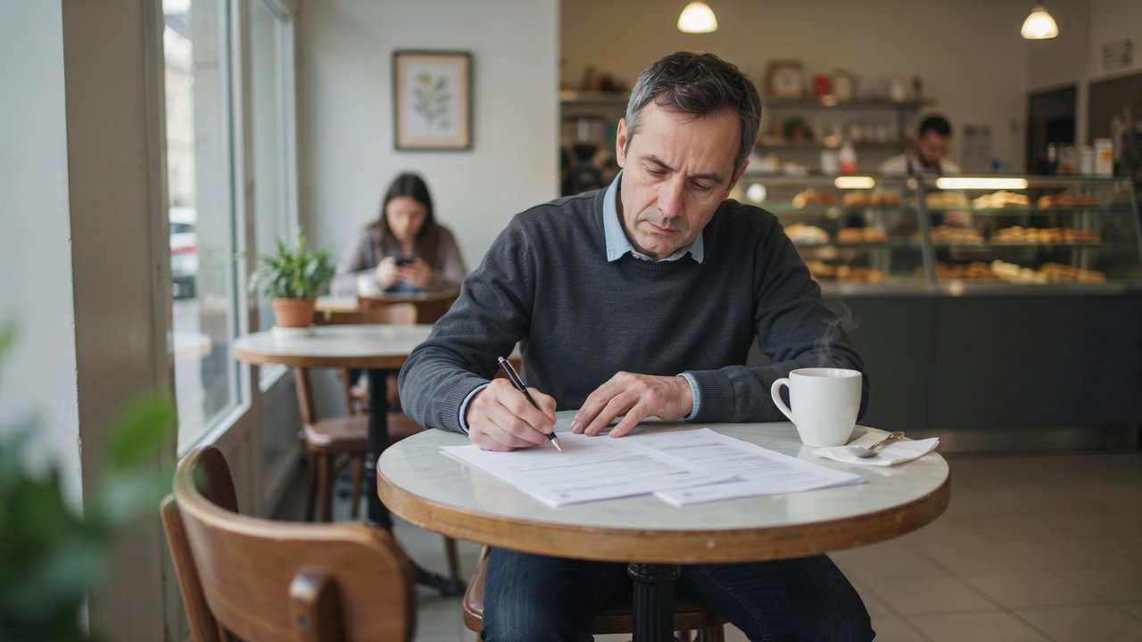 homem preenchendo solicitação de empréstimo em café