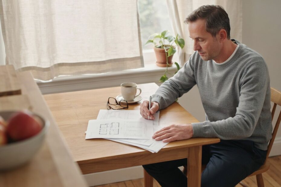 homem revisando documentos de imóvel na mesa