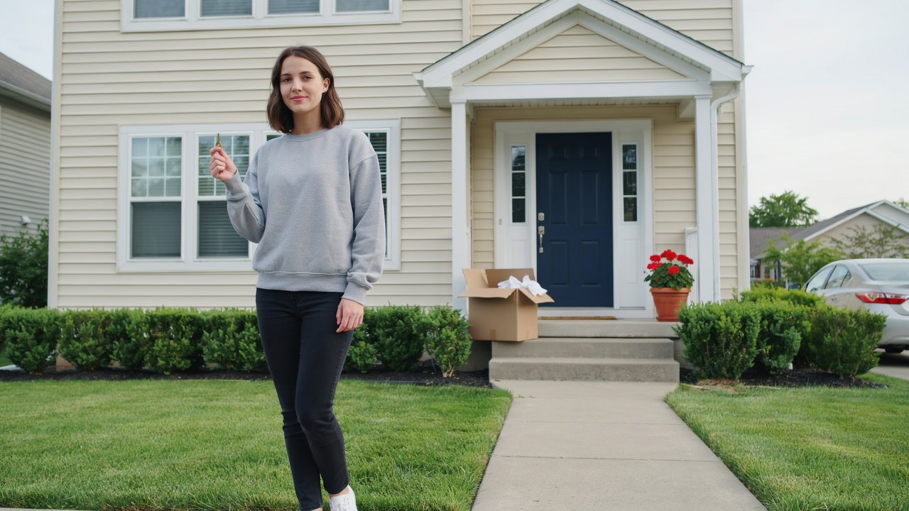 mulher segurando chave de casa na frente de um novo lar