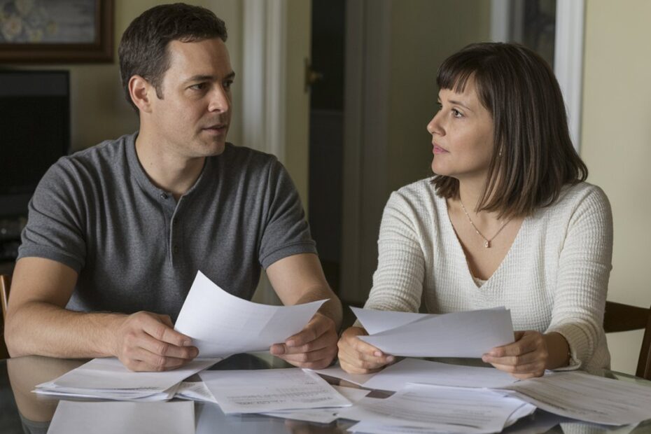 casal revisando documentos de financiamento na mesa.