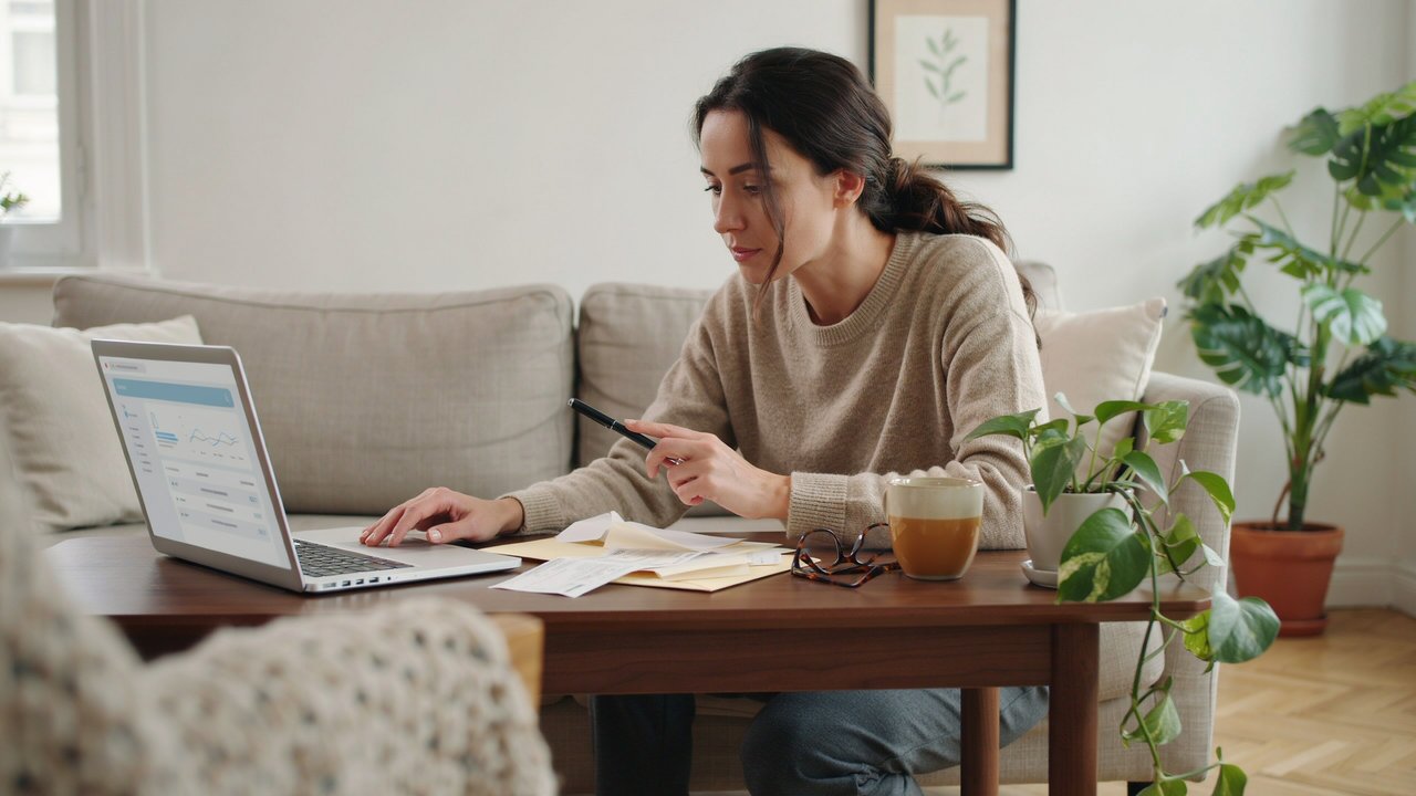 mulher revisando contas e opções de pagamento na mesa de café