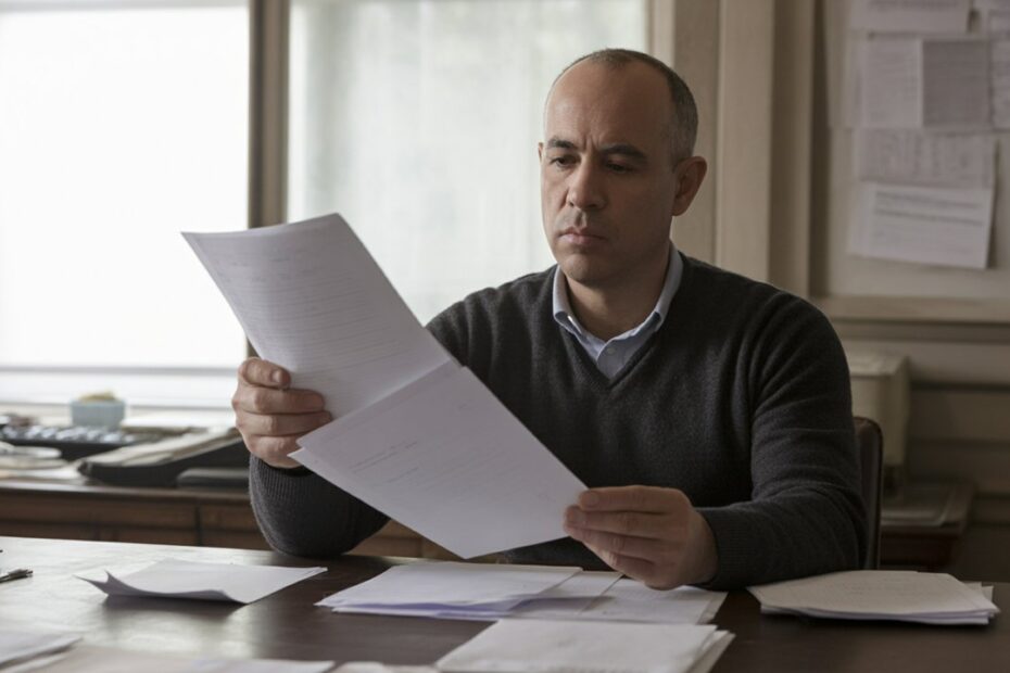 homem revisando documentos em sua mesa de trabalho